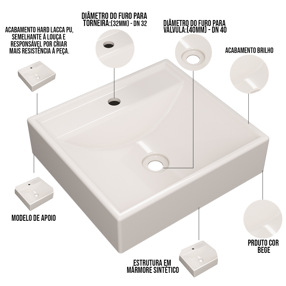 Cuba de Apoio Quadrada Para Banheiro Lavabo C01 Q39W Bege - Lyam Decor