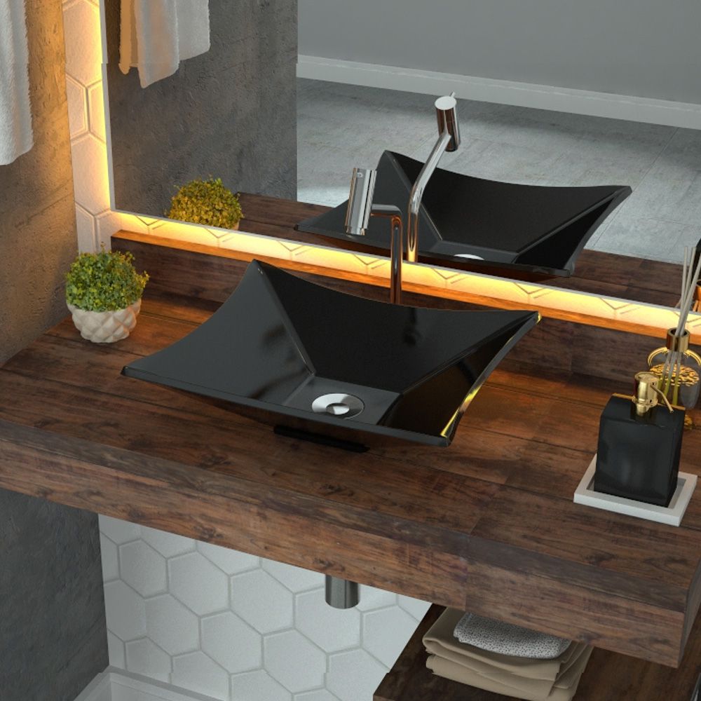 Cuba de Apoio Retangular C01 Para Banheiro Lux L38 Preto Brilho - Lyam Decor