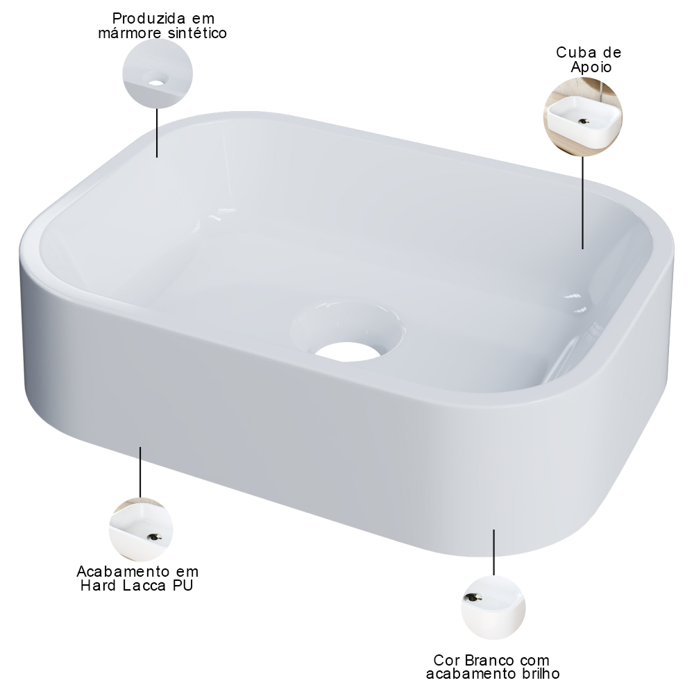 Cuba de Apoio Retangular Para Banheiro Lavabo C01 BR37W Branco - Lyam