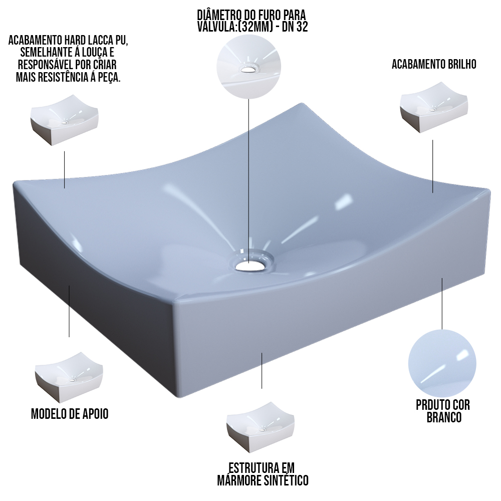 Cuba de Apoio Retangular Para Banheiro Lavabo C01 ML44W Branco - Lyam Decor