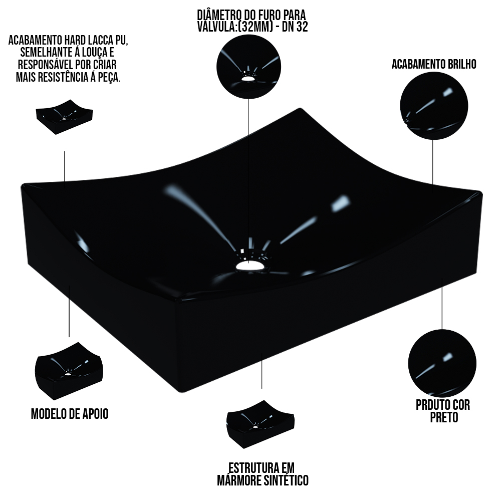 Cuba de Apoio Retangular Para Banheiro Lavabo C01 ML44W Preto - Lyam Decor