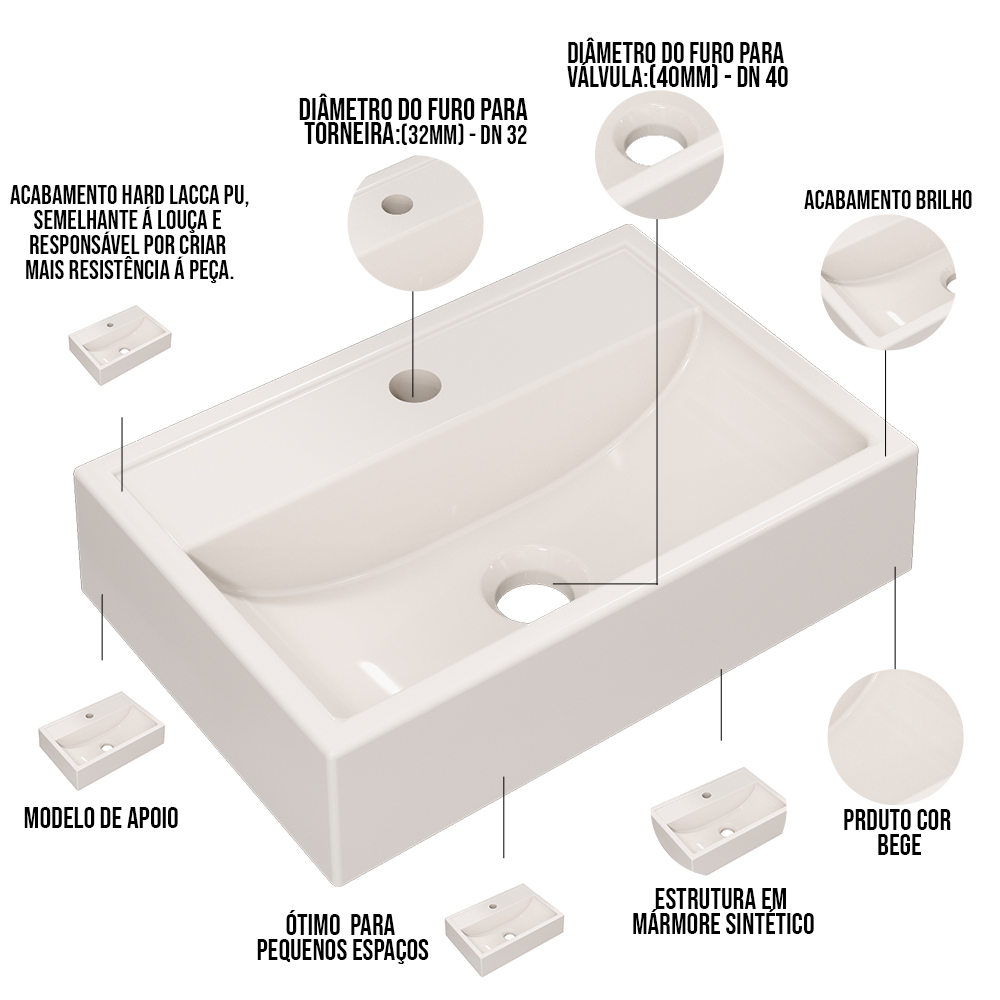 Cuba de Apoio Retangular Para Banheiro Lavabo C01 Q450 Bege - Lyam Decor