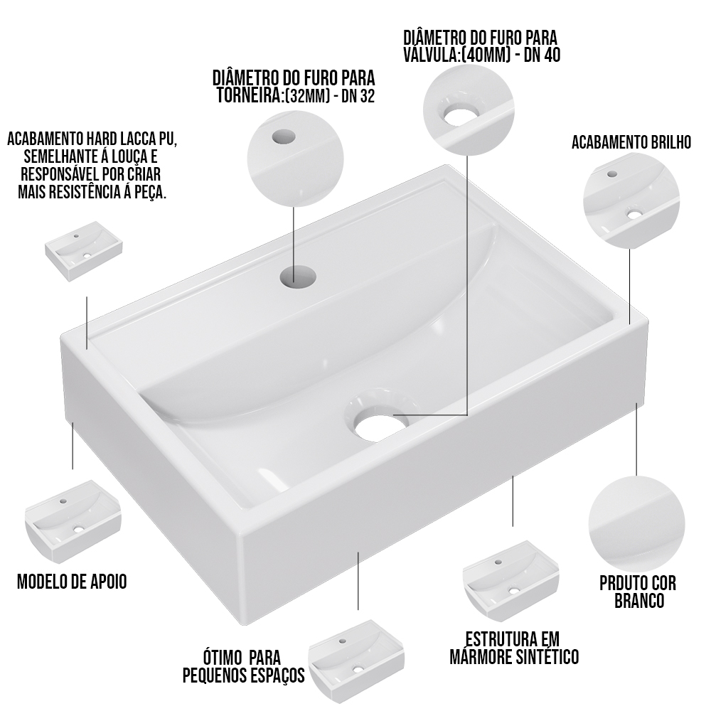 Cuba de Apoio Retangular Para Banheiro Lavabo C01 Q450 Branco - Lyam Decor