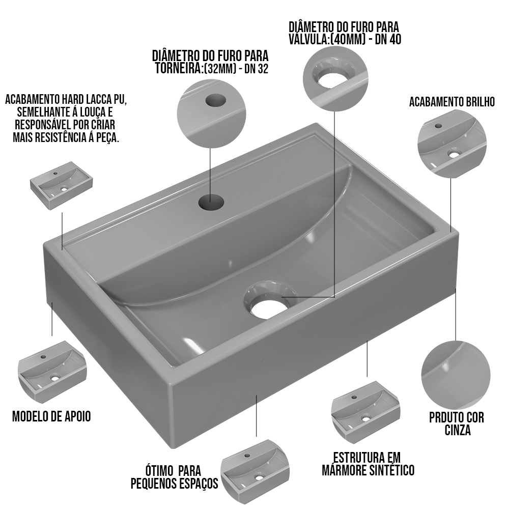 Cuba de Apoio Retangular Para Banheiro Lavabo C01 Q450 Cinza - Lyam Decor