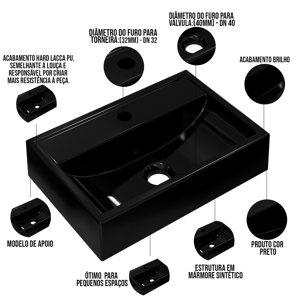 Cuba de Apoio Retangular Para Banheiro Lavabo C01 Q450 Preto - Lyam Decor