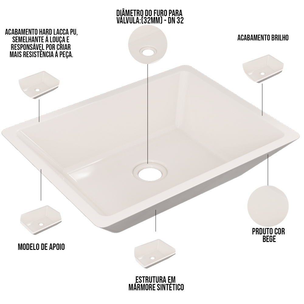 Cuba de Apoio Retangular Para Banheiro Lavabo C01 RT45 Bege - Lyam Decor
