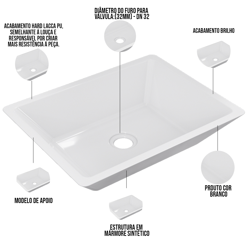 Cuba de Apoio Retangular Para Banheiro Lavabo C01 RT45 Branco - Lyam Decor