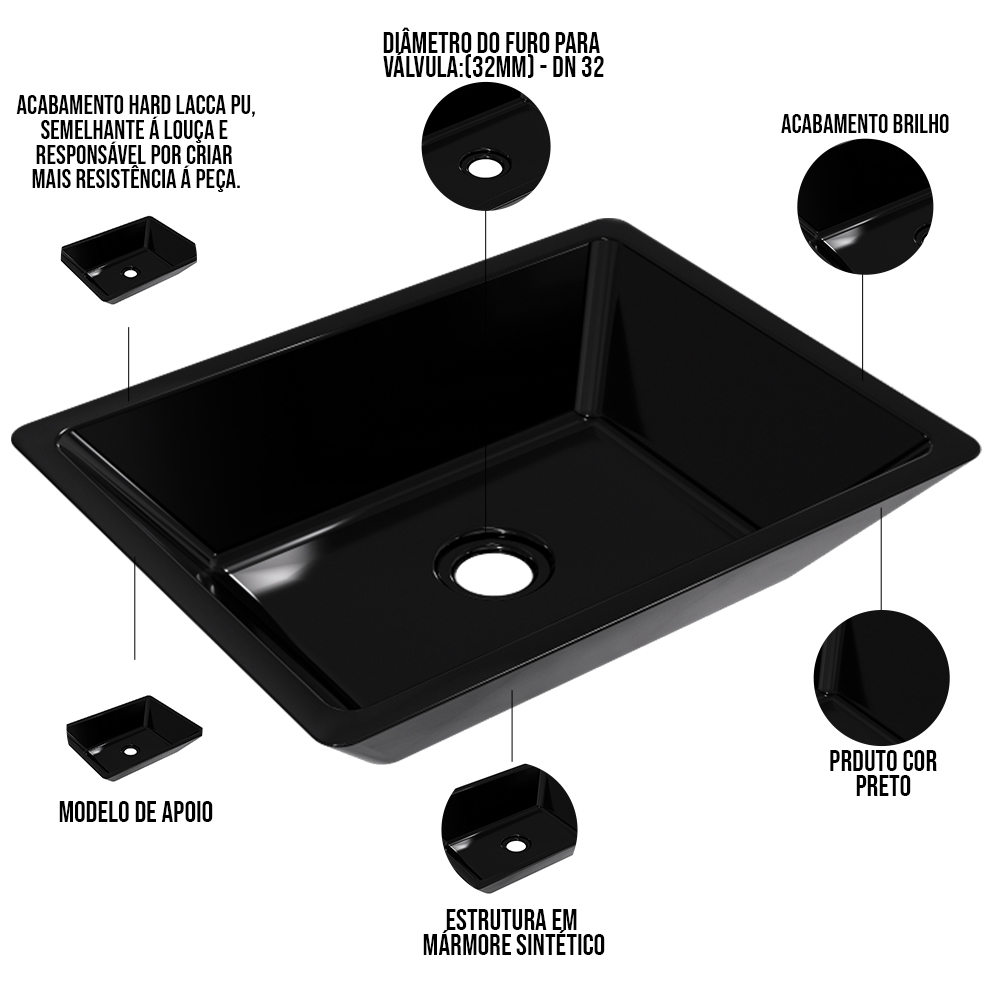 Cuba de Apoio Retangular Para Banheiro Lavabo C01 RT45 Preto - Lyam Decor