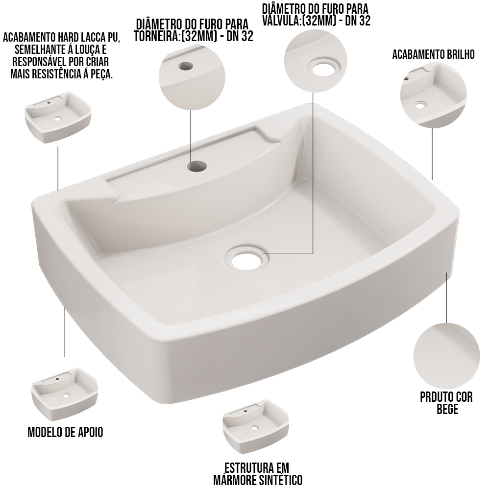Cuba de Apoio Retangular Para Banheiro Lavabo C01 RT50 Bege - Lyam Decor