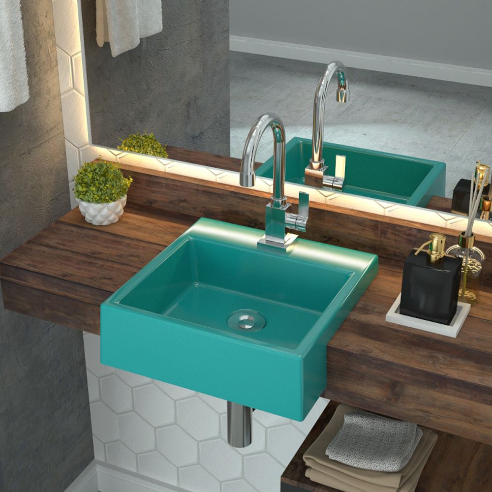 Cuba de Semi Encaixe Quadrada C01 Para Banheiro XQ355 Azul Turquesa - Lyam Decor