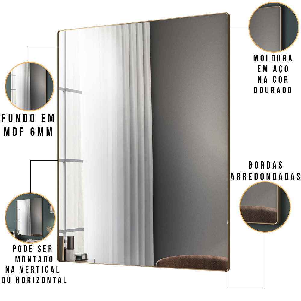Espelho Decorativo Retangular com Moldura Aço Dourado D01 90x60 cm Ibiza  - Lyam Decor