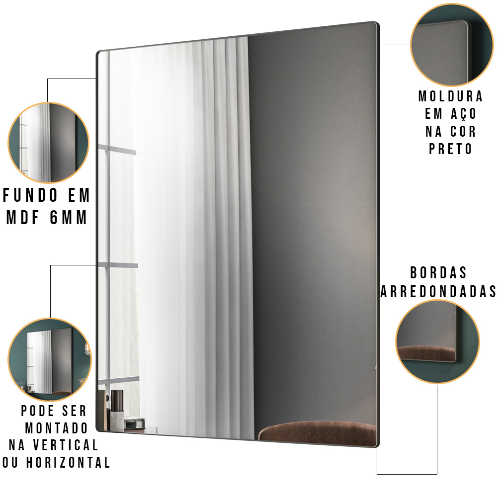 Espelho Decorativo Retangular com Moldura Aço Preto D01 90x60 cm Ibiza  - Lyam Decor