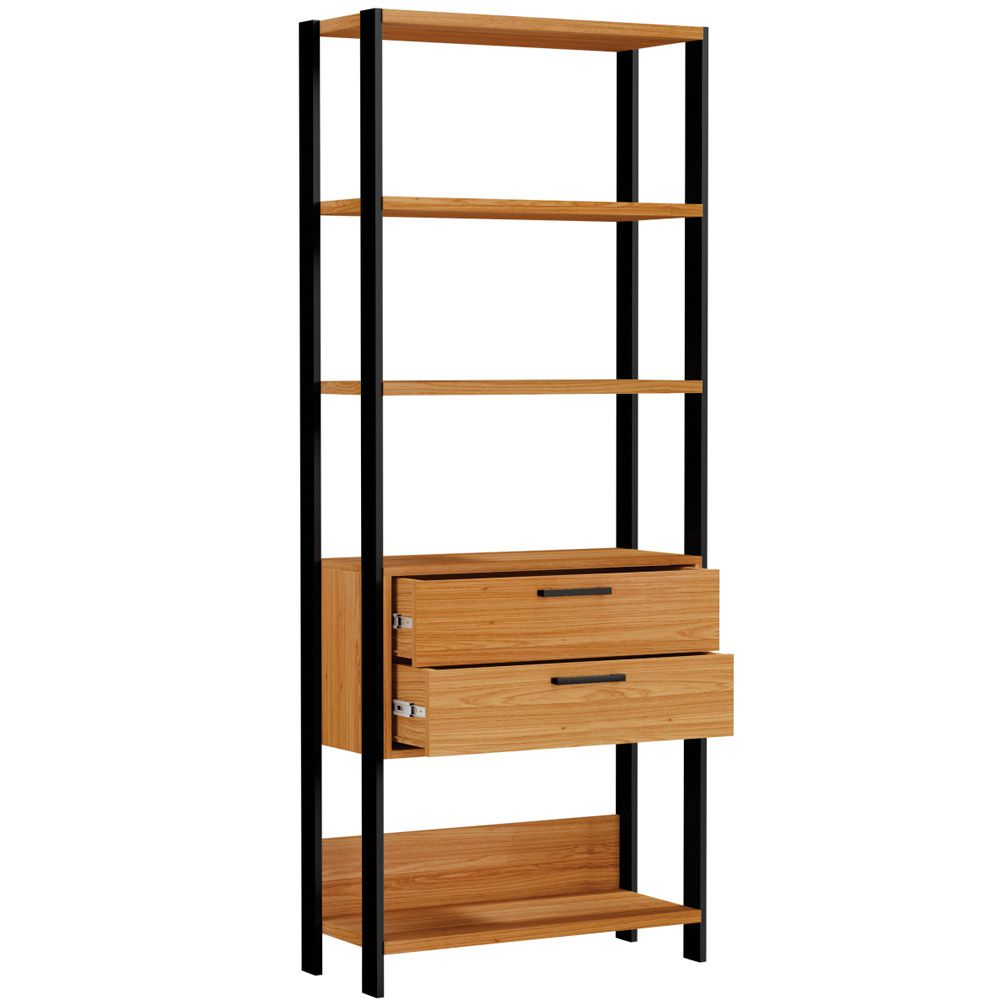 Estante 5 Prateleiras 02 Gavetas Escritório Trend D03 185x73 cm Freijó Preto Fosco - Lyam Decor