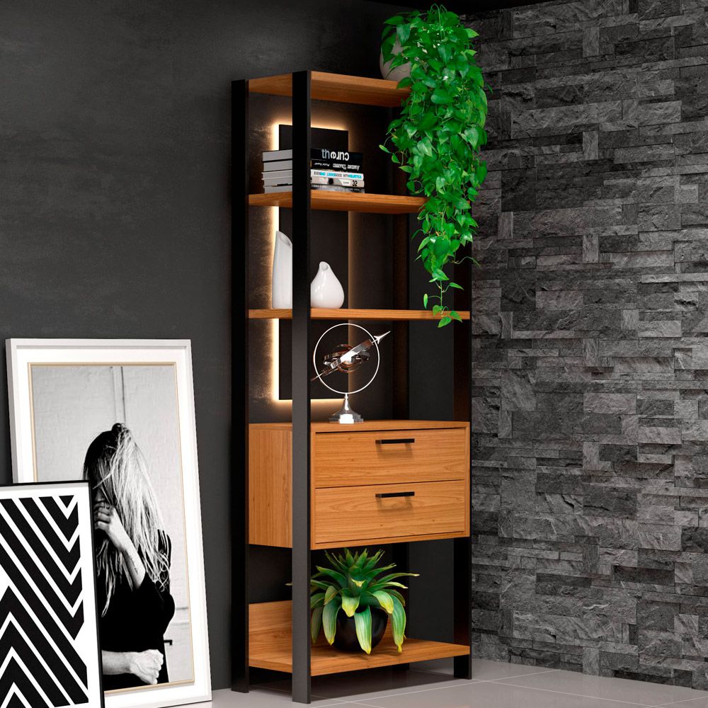 Estante 5 Prateleiras 02 Gavetas Escritório Trend D03 185x73 cm Freijó Preto Fosco - Lyam Decor