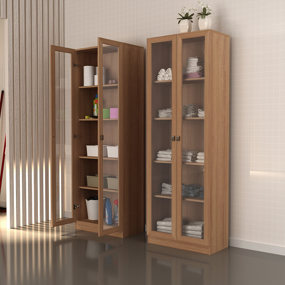 Estante Escritório Home Office 2 Portas De Vidro 4 Prateleiras Cannes 171cm T01 Amêndoa - Lyam Decor