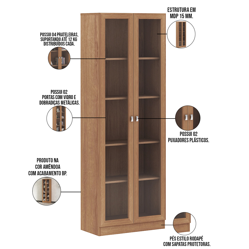 Estante Escritório Home Office 2 Portas De Vidro 4 Prateleiras Cannes 171cm T01 Amêndoa - Lyam Decor