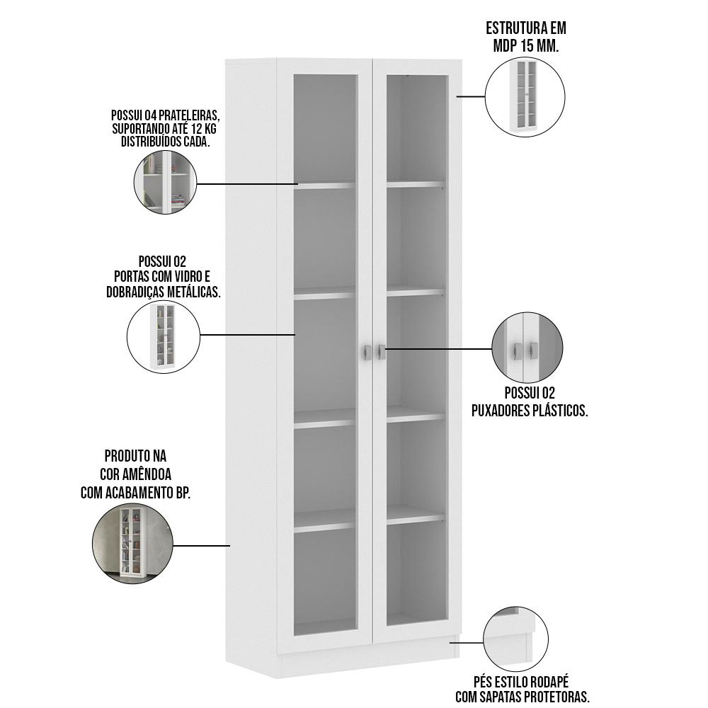 Estante Escritório Home Office 2 Portas De Vidro 4 Prateleiras Cannes 171x59 T01 Branco - Lyam Decor