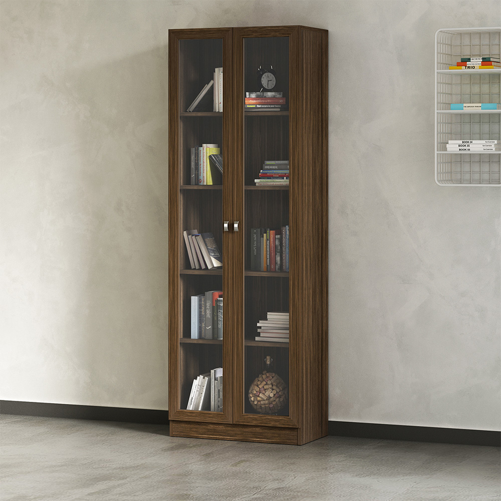 Estante Escritório Home Office 2 Portas De Vidro 4 Prateleiras Cannes 171x59 T01 Nogal - Lyam Decor
