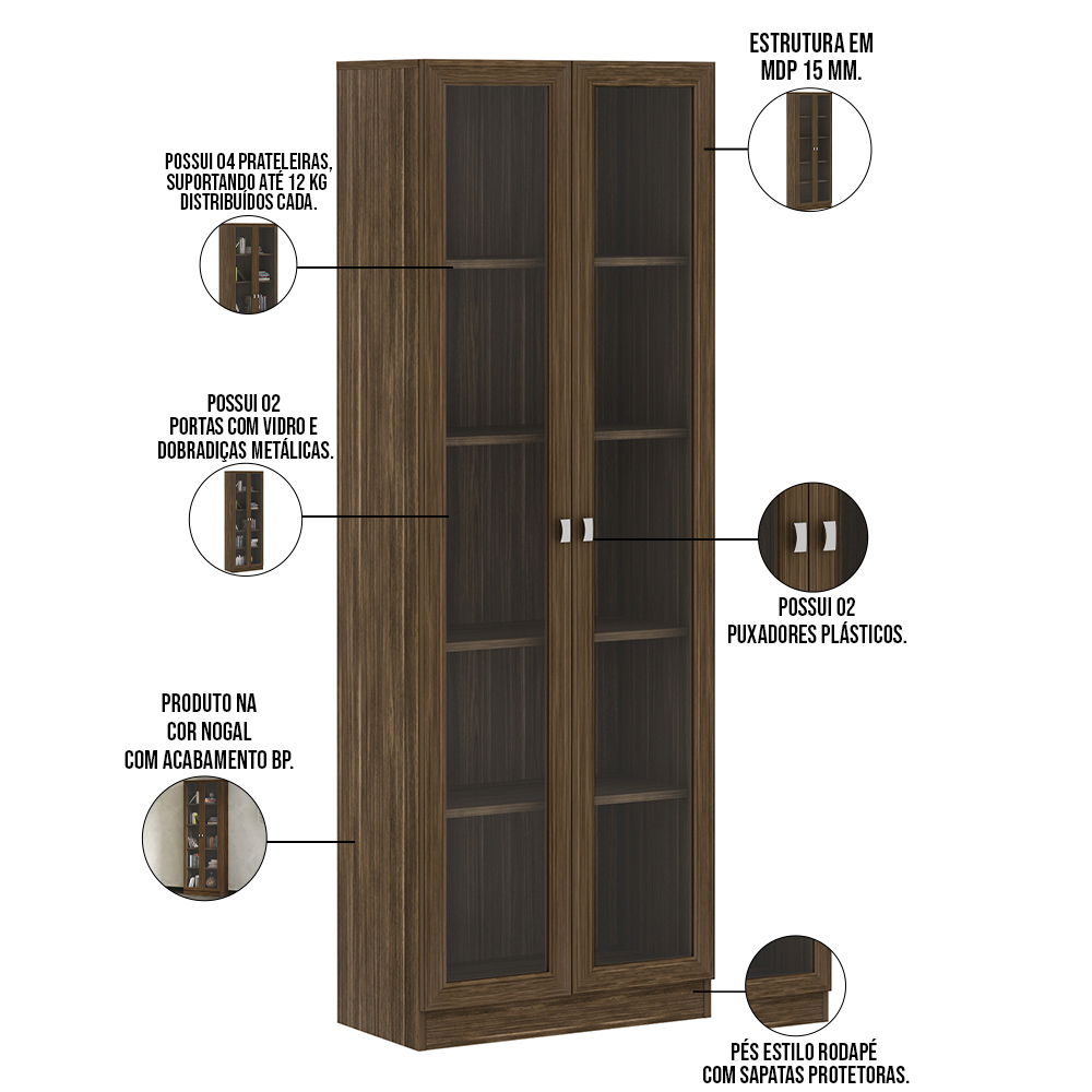 Estante Escritório Home Office 2 Portas De Vidro 4 Prateleiras Cannes 171x59 T01 Nogal - Lyam Decor
