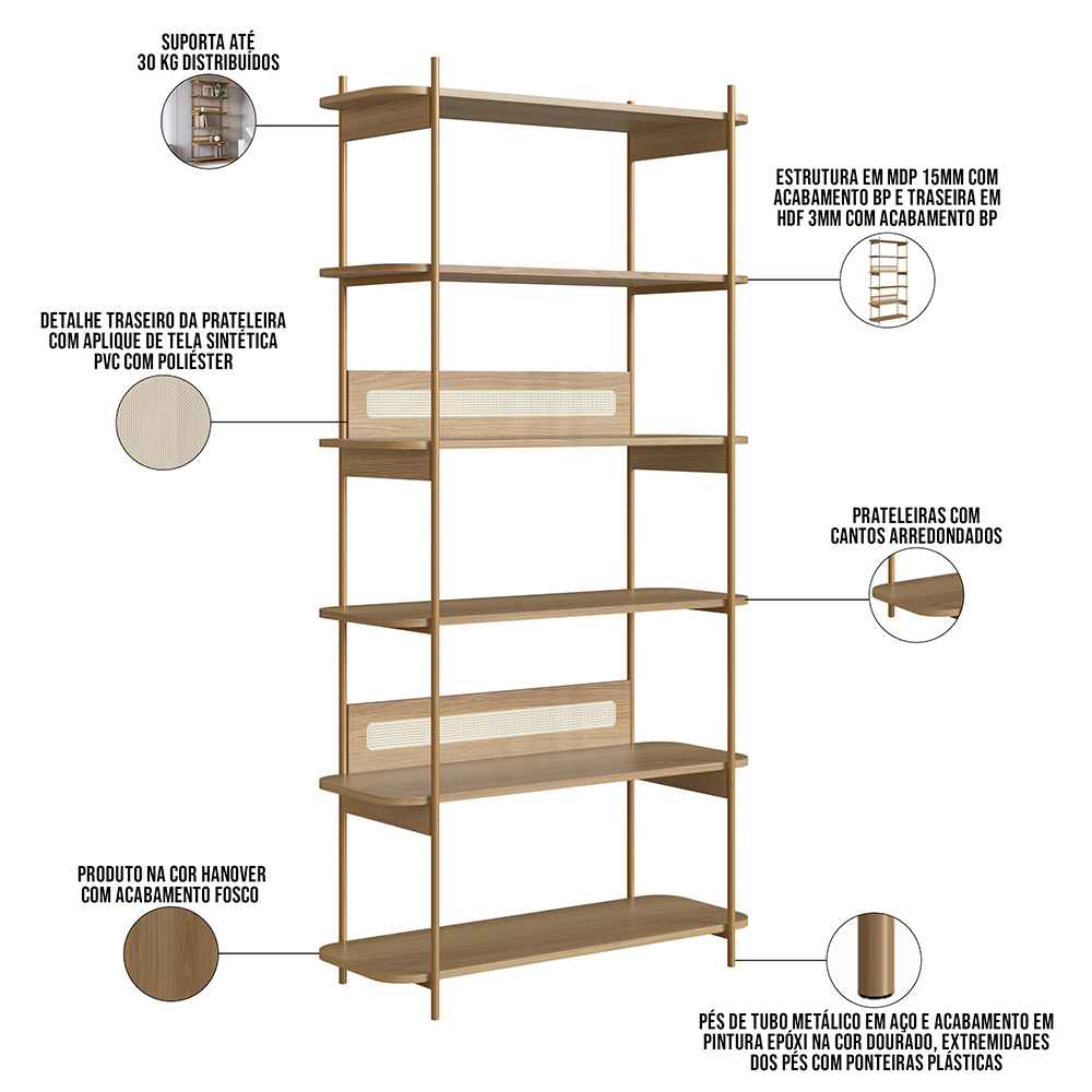 Estante Livreiro Multiuso 6 Prateleiras Industrial Indy A03 Hanover Dourado - Lyam Decor