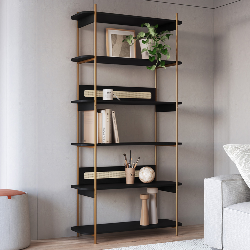 Estante Livreiro Multiuso 6 Prateleiras Industrial Indy A03 Nero Dourado - Lyam Decor