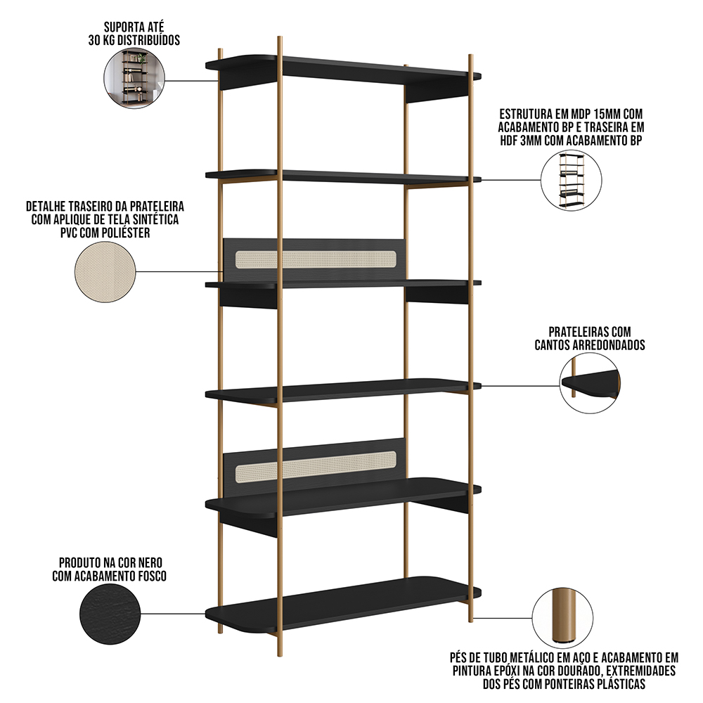 Estante Livreiro Multiuso 6 Prateleiras Industrial Indy A03 Nero Dourado - Lyam Decor
