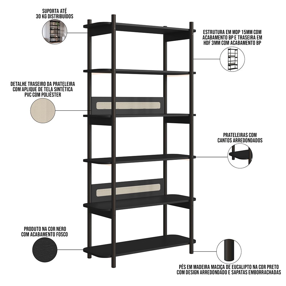 Estante Livreiro Multiuso 6 Prateleiras Pés Madeira Moss A03 Nero Preto - Lyam Decor