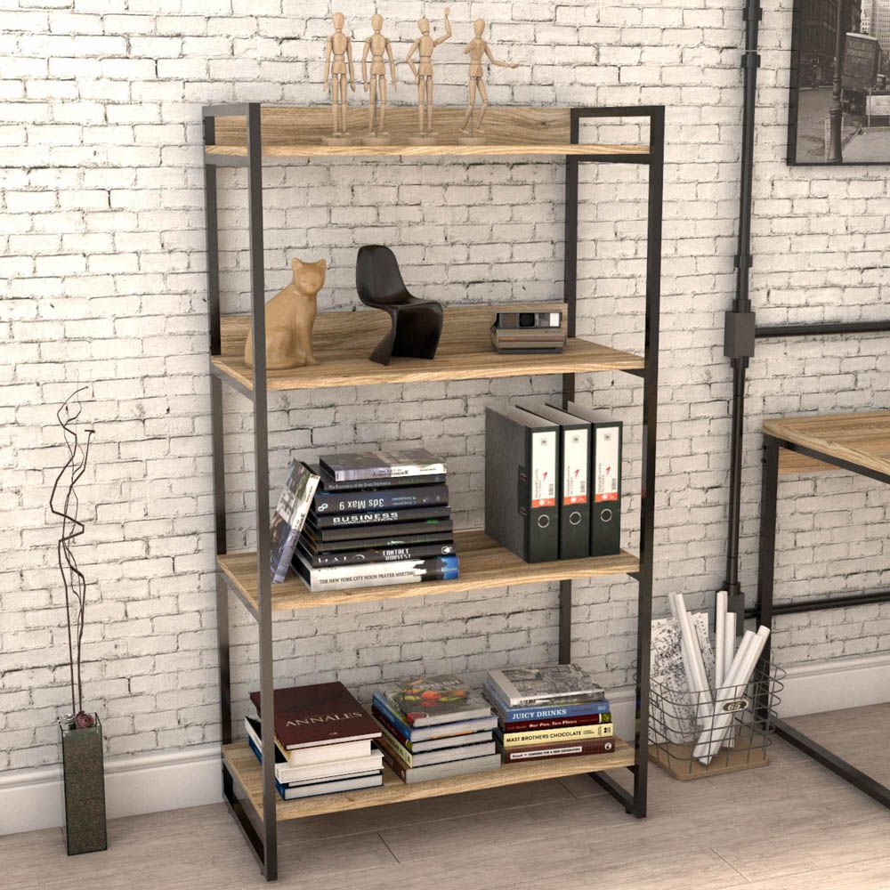 Estante Multiuso 4 Prateleiras Escritório Estilo Industrial Form C01 146x80 cm Carvalho - Lyam Decor