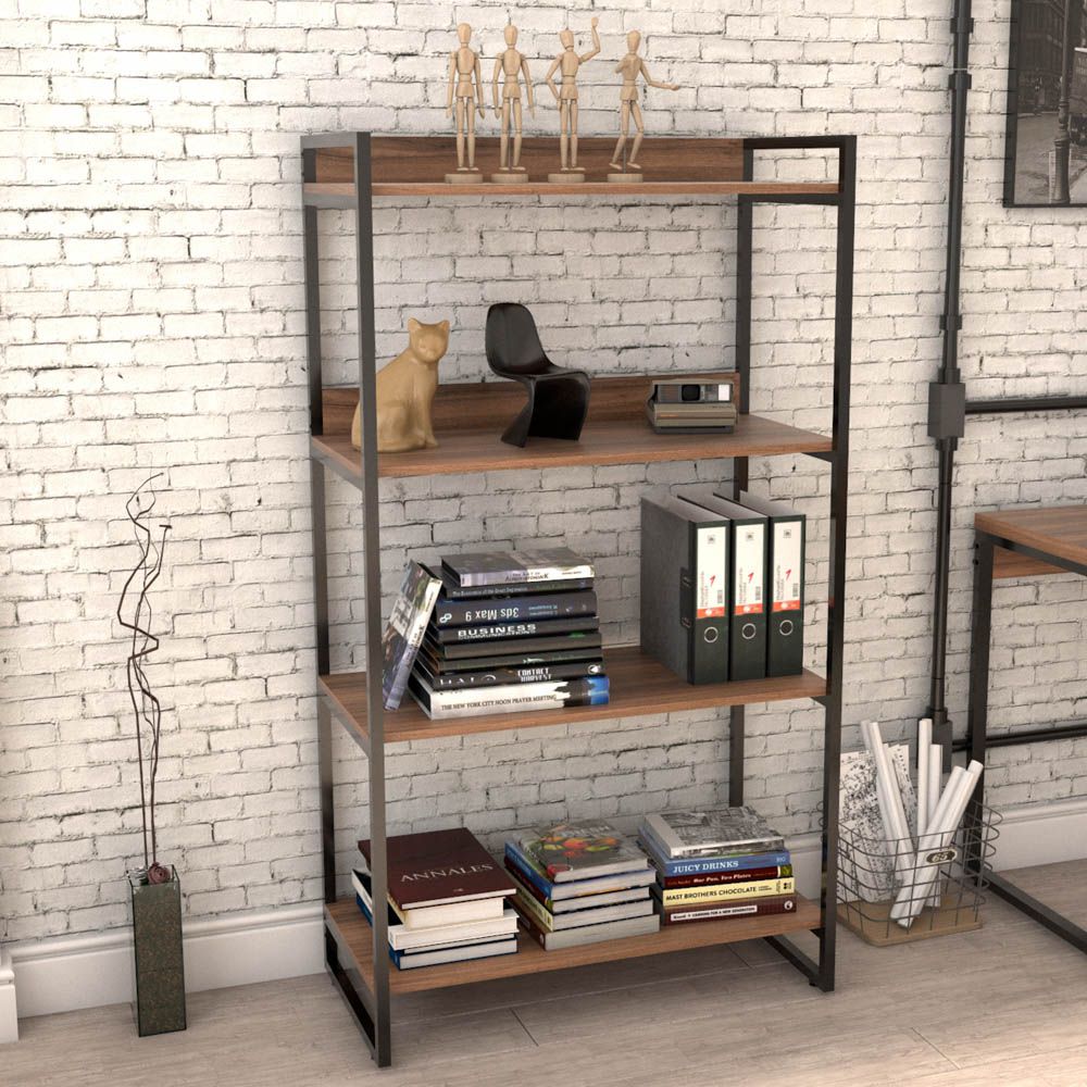 Estante Multiuso 4 Prateleiras Escritório Estilo Industrial Form C01 146x80 cm Nogal - Lyam Decor