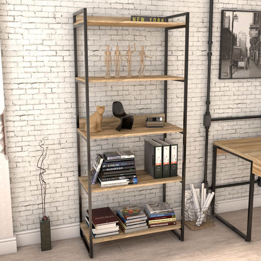 Estante Multiuso 5 Prateleiras Escritório Estilo Industrial Form C01 187x80 cm Carvalho - Lyam Decor