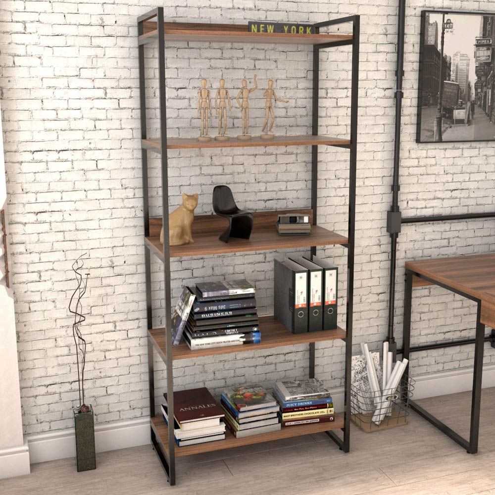 Estante Multiuso 5 Prateleiras Escritório Estilo Industrial Form C01 187x80 cm Nogal - Lyam Decor