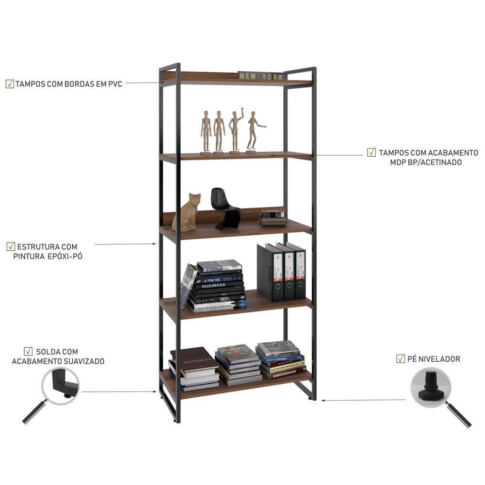 Estante Multiuso 5 Prateleiras Escritório Estilo Industrial Form C01 187x80 cm Nogal - Lyam Decor