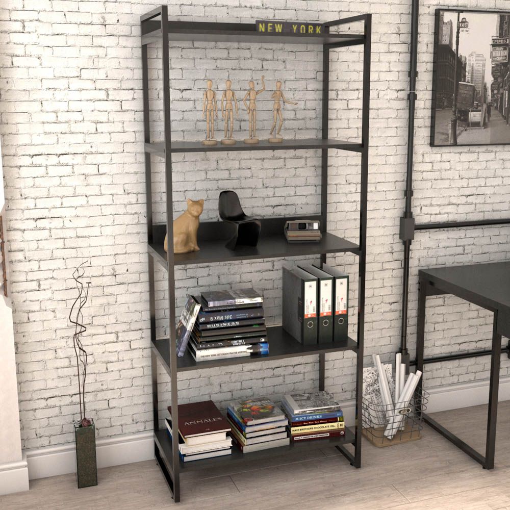 Estante Multiuso 5 Prateleiras Escritório Estilo Industrial Form C01 187x80 cm Preto Onix - Lyam Decor