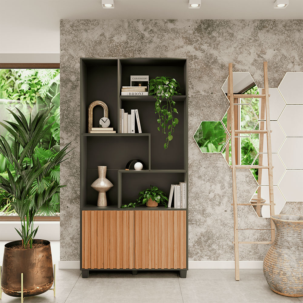 Estante Multiuso Com 02 Portas Ripadas 07 Nichos Novara 192x94cm D03 Freijó Preto Fosco - Lyam Decor