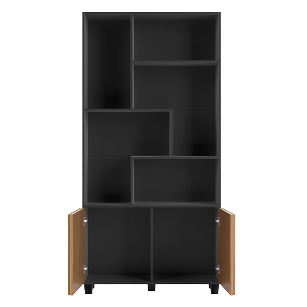 Estante Multiuso Com 02 Portas Ripadas 07 Nichos Novara 192x94cm D03 Freijó Preto Fosco - Lyam Decor
