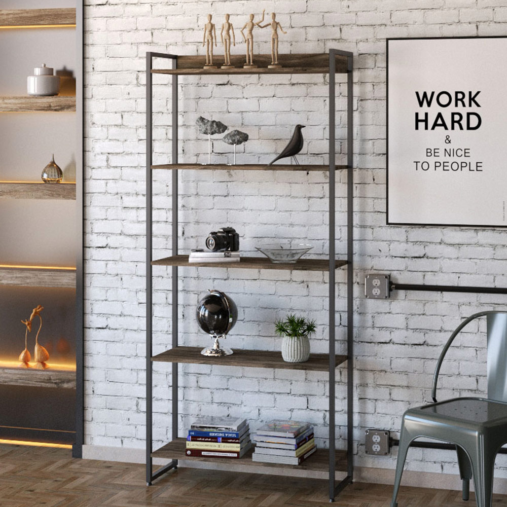 Estante Multiuso Escritório Industrial 05 Prateleiras Areta 186x80cm C01 Carvalho Dark - Lyam Decor