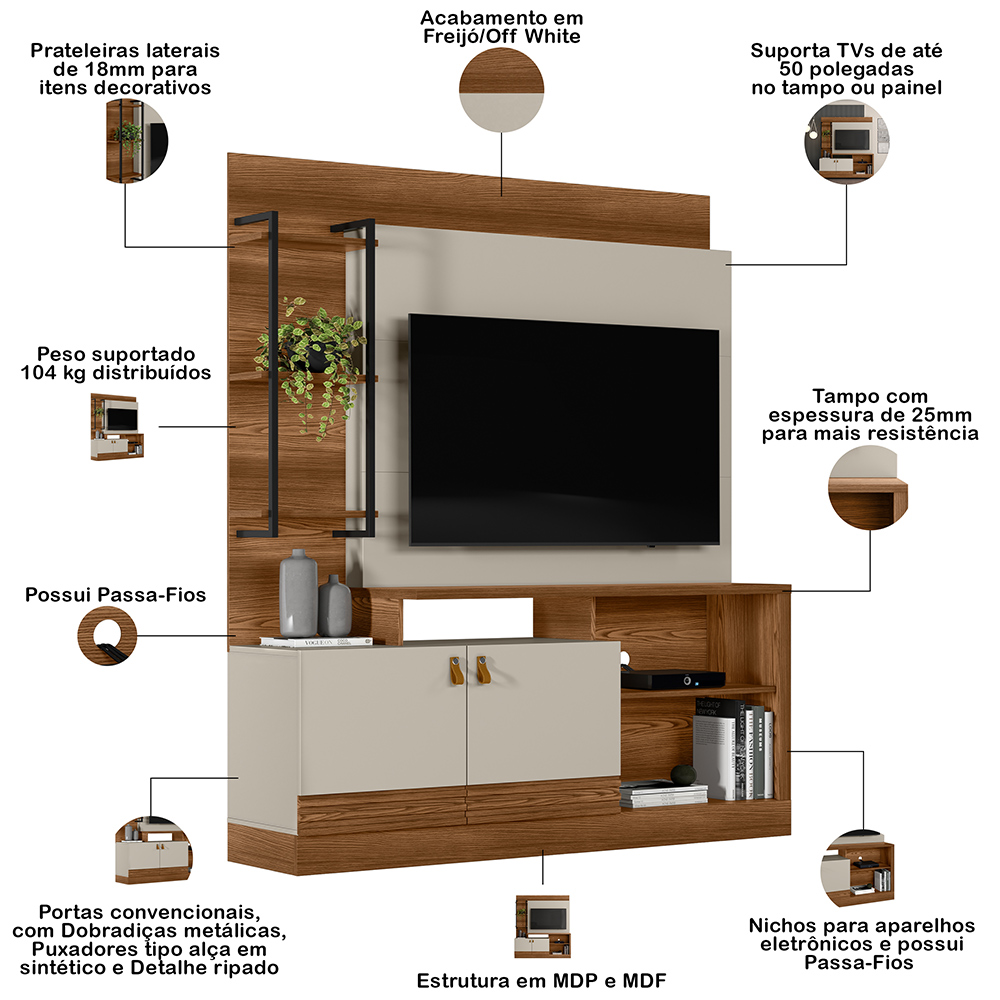 Estante Painel Para TV 50 Pol 160cm River L05 Freijó Off White - Lyam Decor