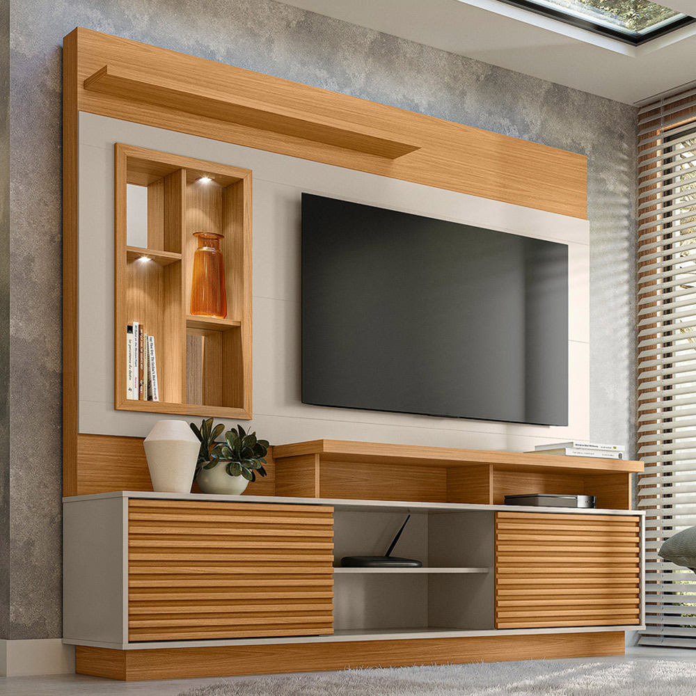 Estante Painel Para TV 60 Pol Com LED 200cm Bacchi L05 Nature Off White - Lyam Decor