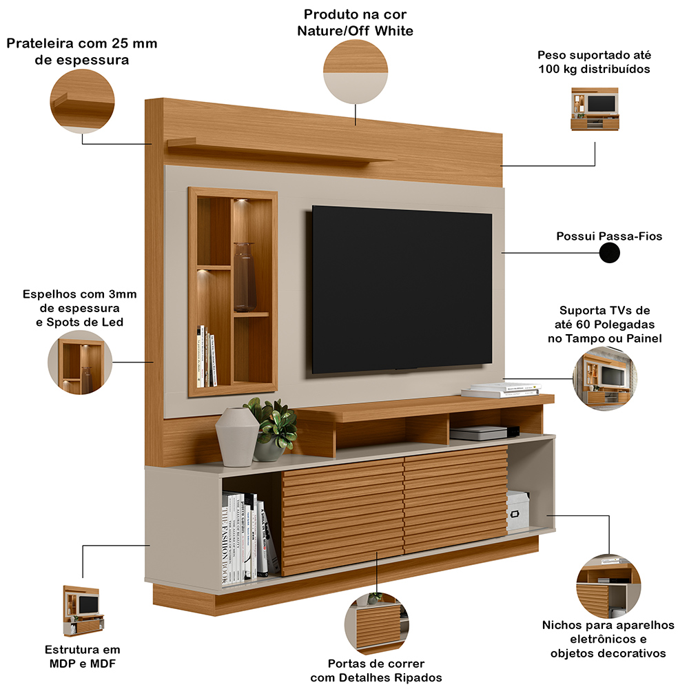 Estante Painel Para TV 60 Pol Com LED 200cm Bacchi L05 Nature Off White - Lyam Decor