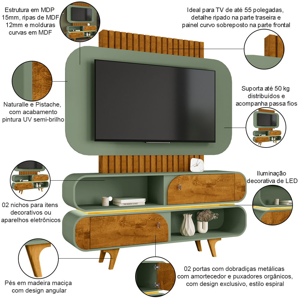 Estante Painel Ripado Para TV 55 Pol Orgânico Floripa B02 Naturalle Pistache - Lyam Decor