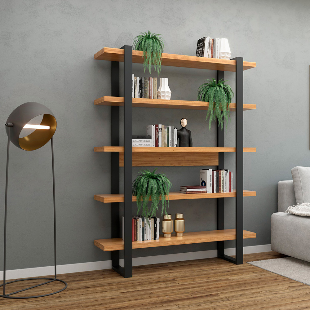 Estante Para Escritório 5 Prateleiras Prime Industrial 175x135cm D03 Freijó Preto Fosco - Lyam Decor