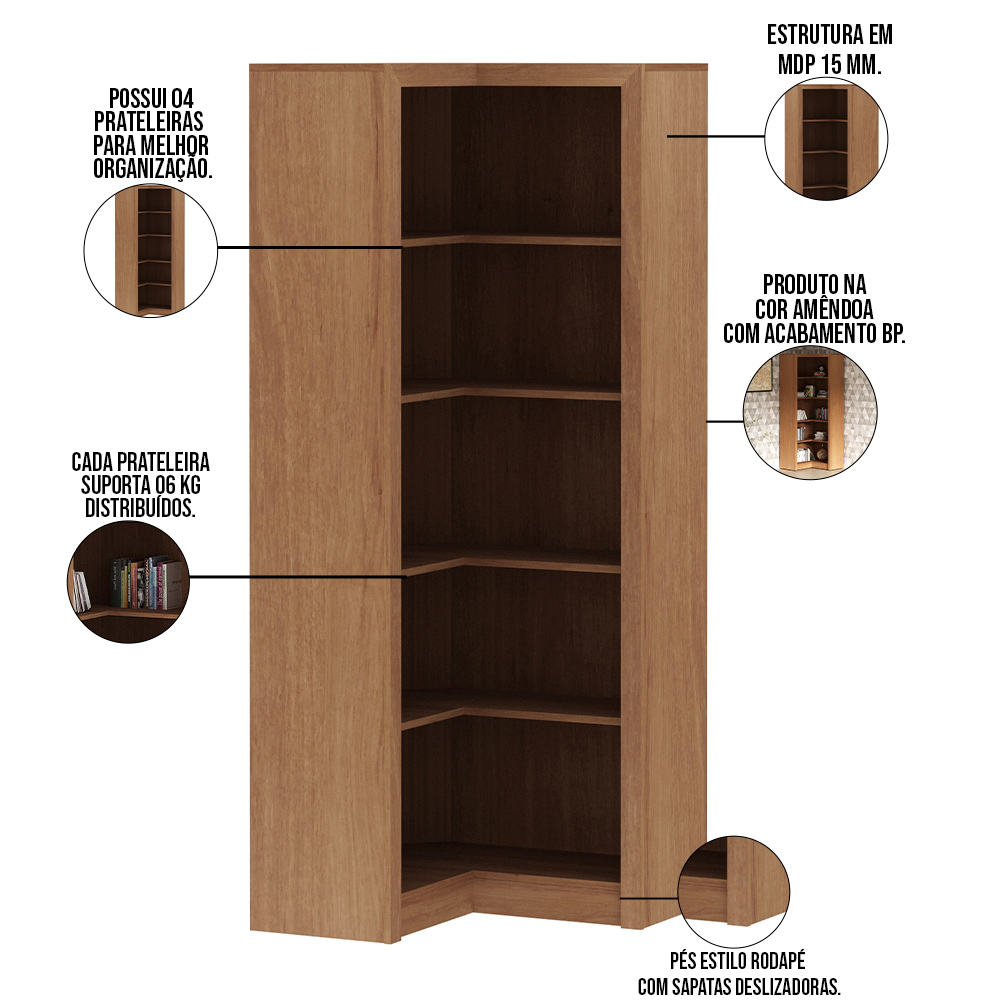 Estante de Canto Para Escritório E Home Office 4 Prateleiras Brandon 171x68 T01 Amêndoa - Lyam Decor