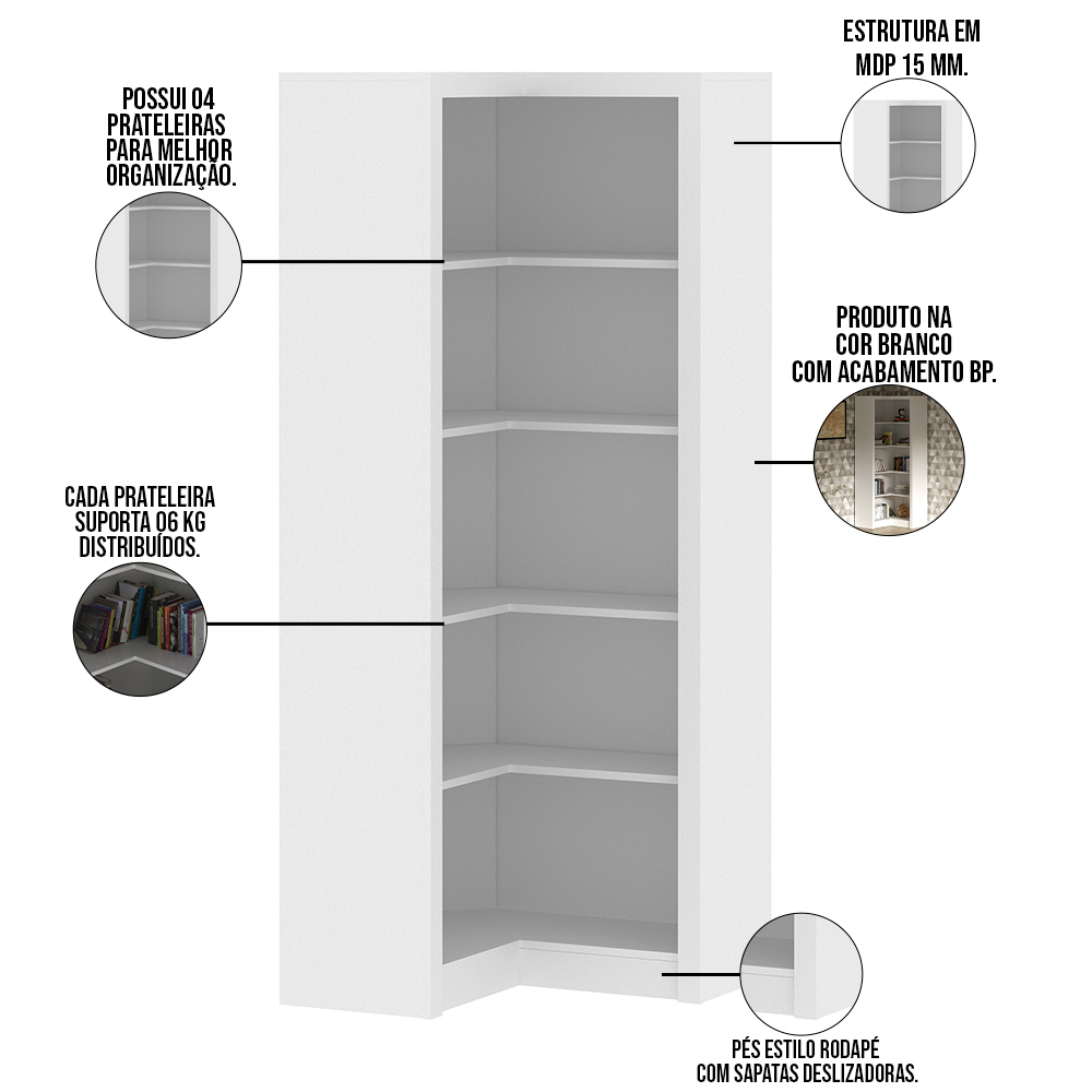Estante de Canto Para Escritório E Home Office 4 Prateleiras Brandon 171x68 T01 Branco - Lyam Decor