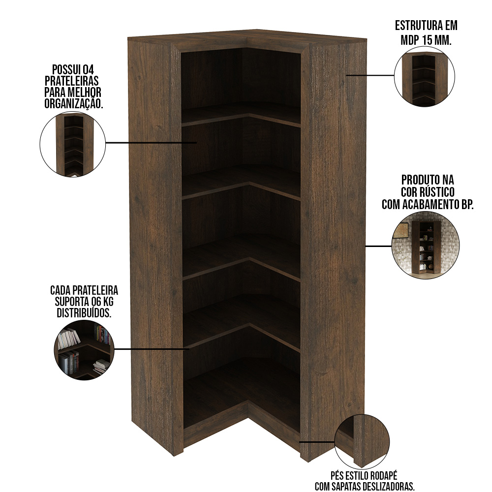 Estante de Canto Para Escritório Home Office 4 Prateleiras Brandon 171x68cm T01 Rústico - Lyam Decor