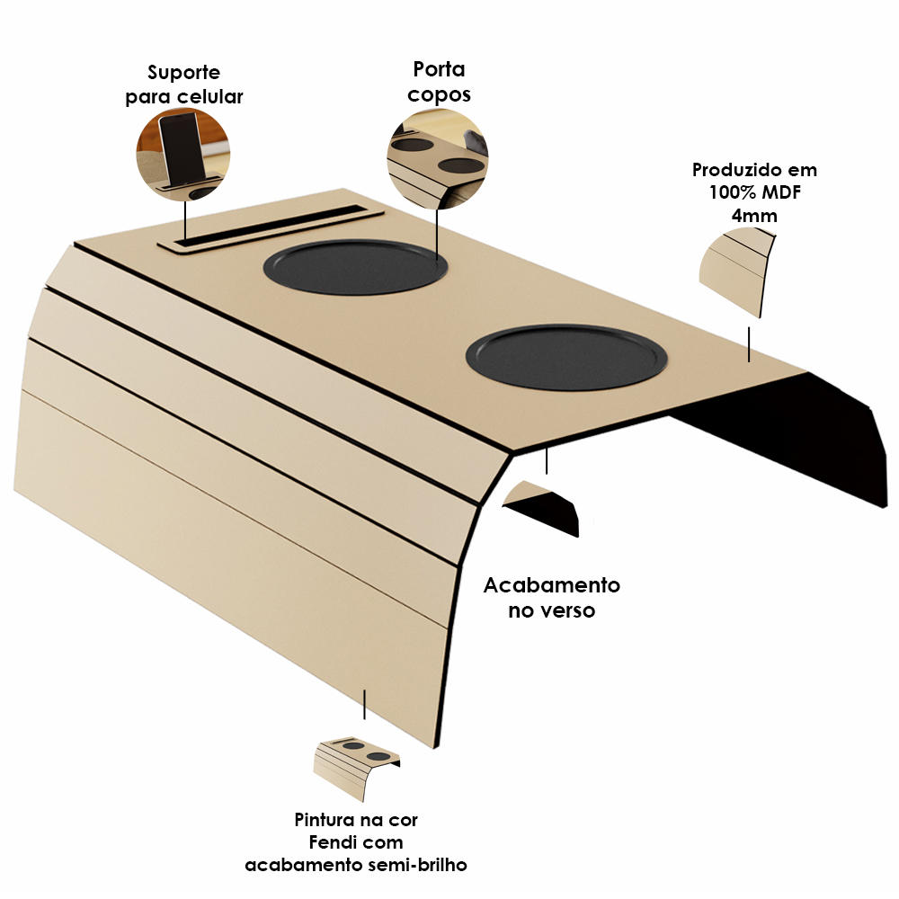 Esteira Para Sofá Braço Porta Copo Suporte Celular Bandeja I02 Flexível Fendi - Lyam Decor