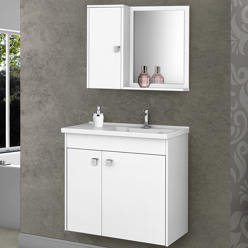 Gabinete Para Banheiro com Cuba e Espelho Munique B02 Branco - Lyam Decor