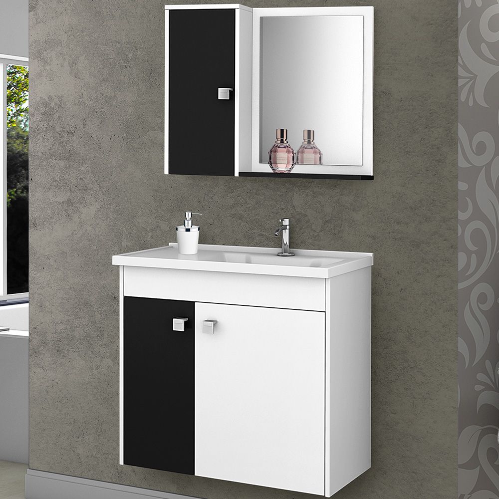 Gabinete Para Banheiro com Cuba e Espelho Munique B02 Branco Preto - Lyam Decor