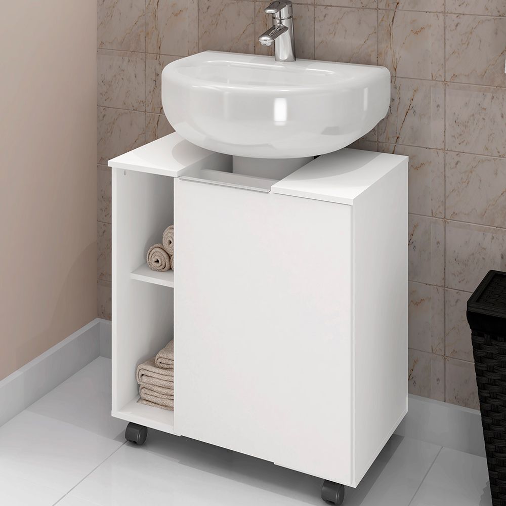 Gabinete de Coluna Para Banheiro 01 Porta com Rodízios Pequin B02 Branco - Lyam Decor