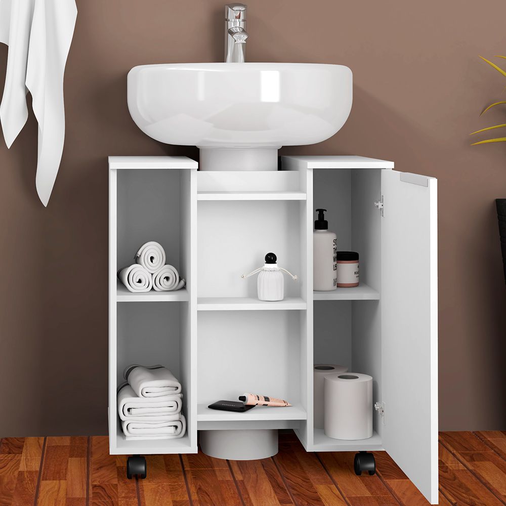 Gabinete de Coluna Para Banheiro 01 Porta com Rodízios Pequin B02 Branco - Lyam Decor