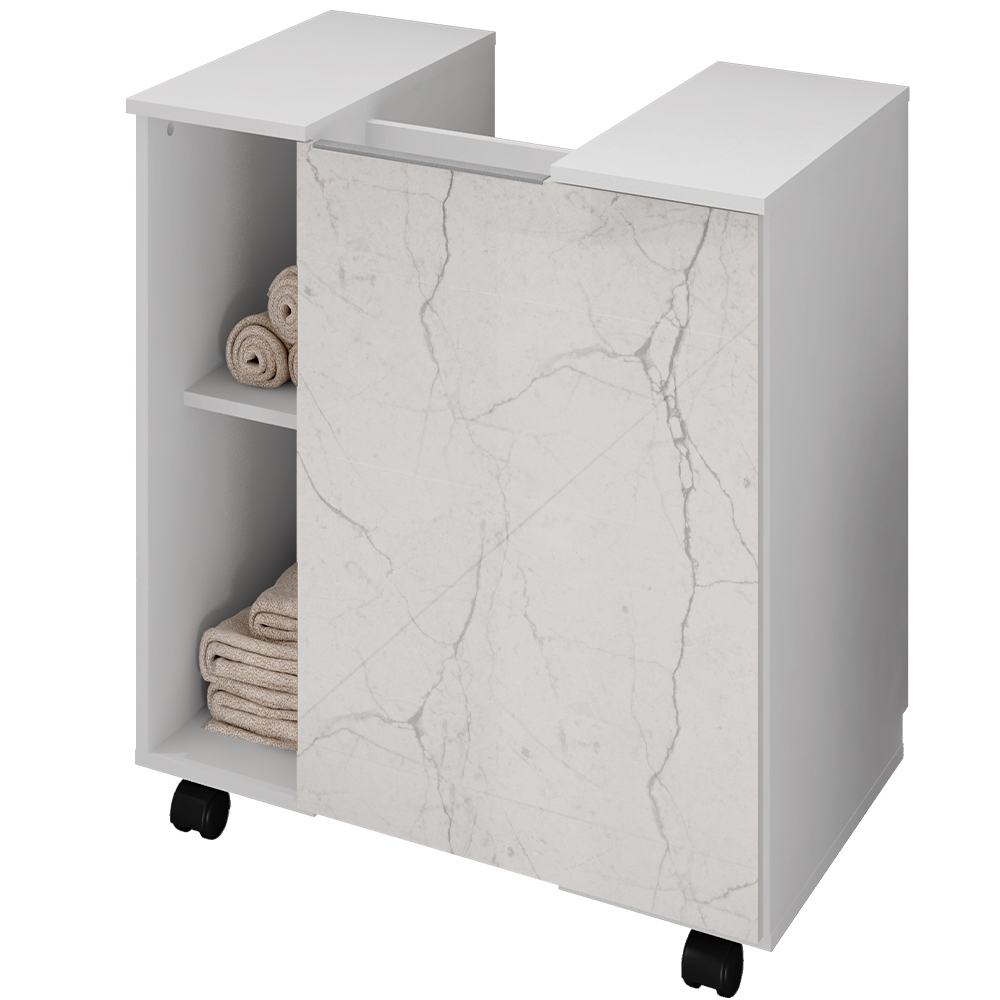 Gabinete de Coluna Para Banheiro 01 Porta com Rodízios Pequin B02 Branco Carrara - Lyam Decor
